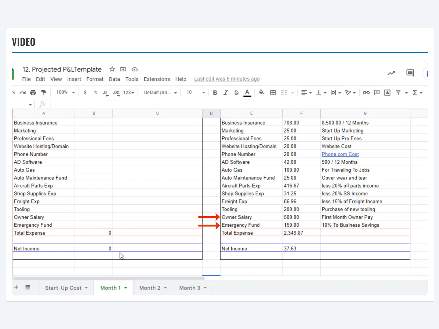 Lesson 2.7, Start-Up Cost & Financing: filling in the Projected P&L template from the included forms, month by month, from business insurance and marketing to owner salary and an emergency fund
