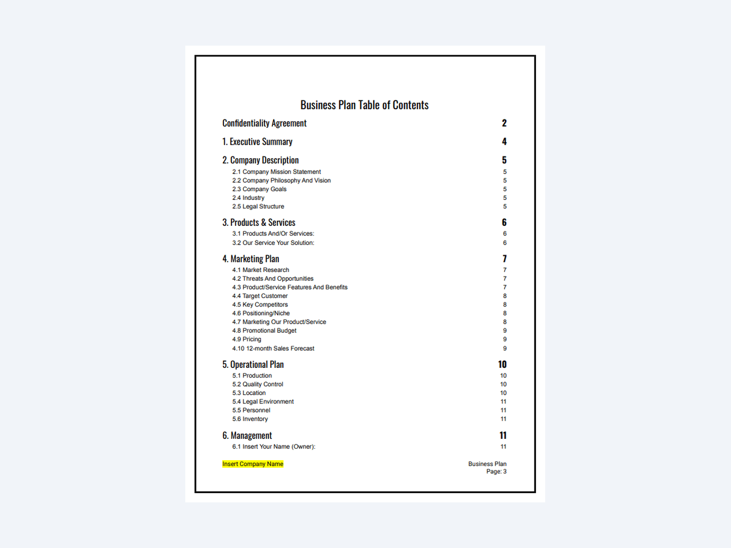 Table of contents of the 12-page aircraft maintenance business plan template in Word