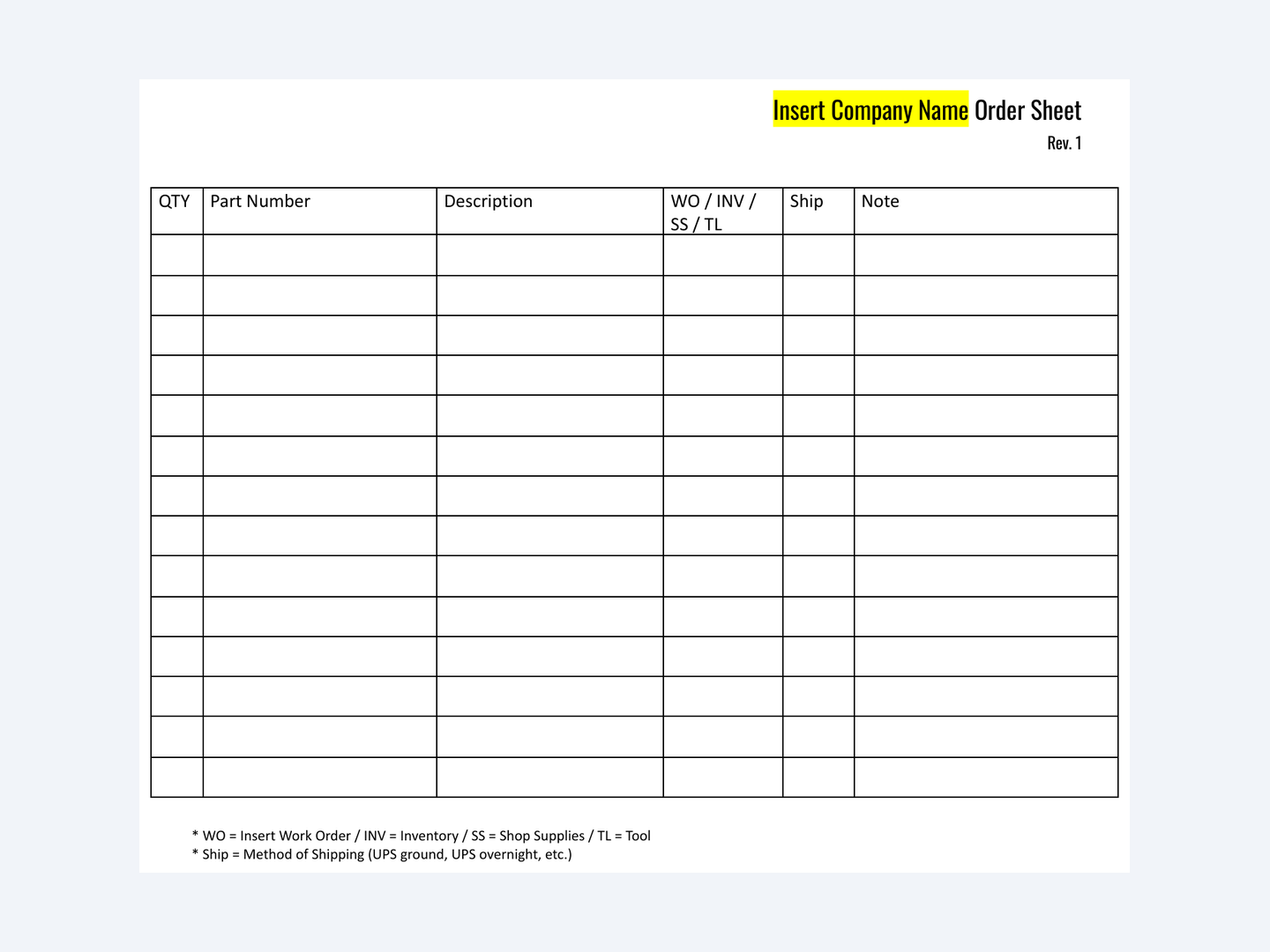 Aircraft parts order sheet with columns for quantity, part number, description, work order or inventory, shipping method and notes