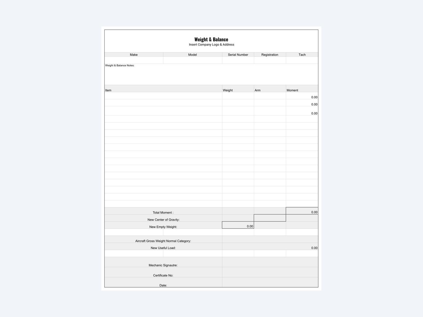 Aircraft weight and balance template in Excel, with item weight, arm and moment rows, new center of gravity, empty weight and useful load