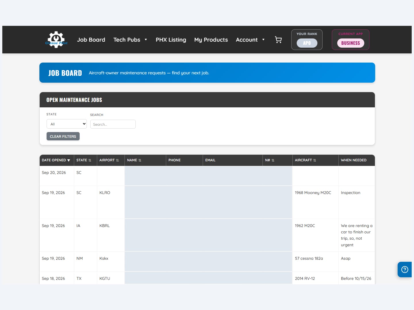 Grease Pilot job board listing aircraft-owner maintenance requests a shop can take, by state, airport and aircraft type, with owner contact details redacted