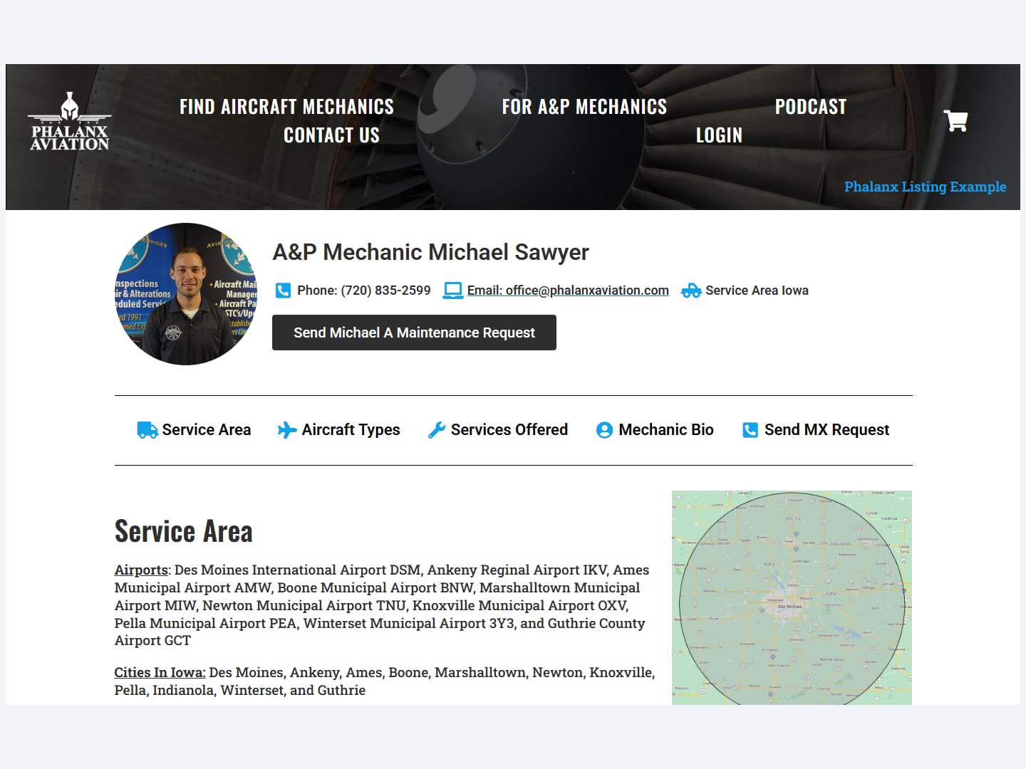 Premium Phalanx Aviation listing showing service area, aircraft types, contact details and a maintenance request button